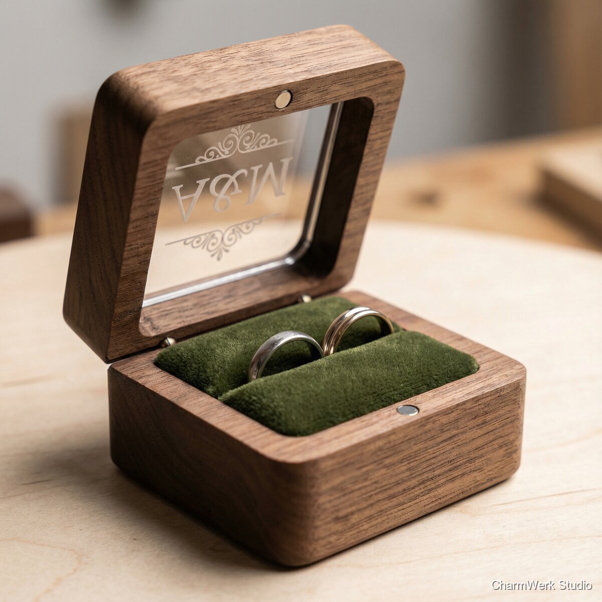 CNC-Ringbox mit Acryl-Initialen im Deckel - Detailansicht