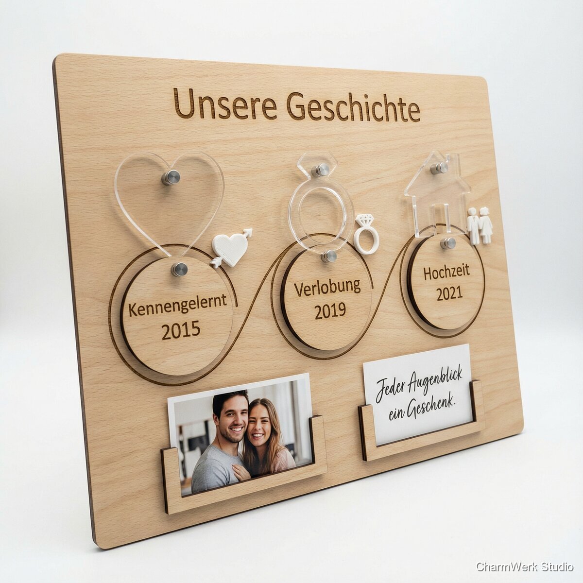 „Unsere Geschichte“-Zeitstrahl aus Holz und Acryl - Seitenansicht
