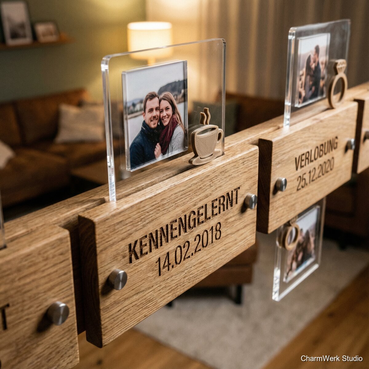 „Unsere Geschichte“-Zeitstrahl aus Holz und Acryl - Detailansicht