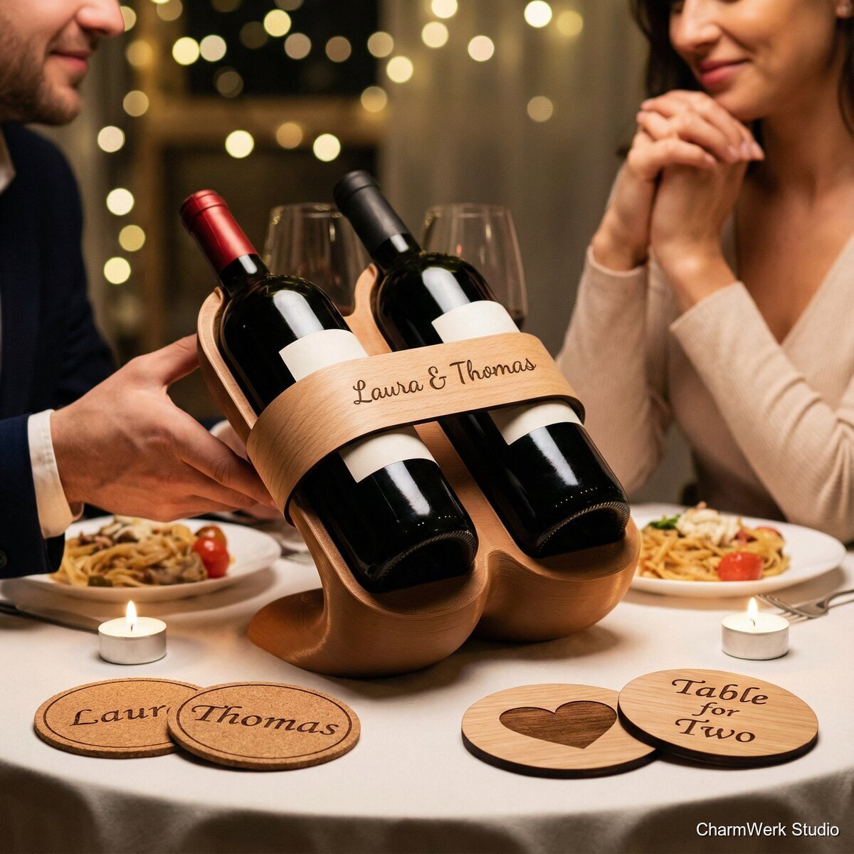 Personalisierter „Table for Two“-Weinhalter mit Namen - Lifestyle