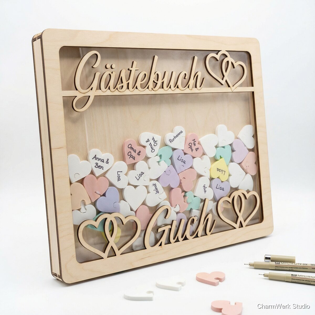 Hochzeits-„Gästebuch“-Rahmen mit 3D-Puzzle-Herzen - Seitenansicht