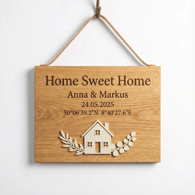 „Home Sweet Home“-Türschild mit Koordinaten & 3D-Relief