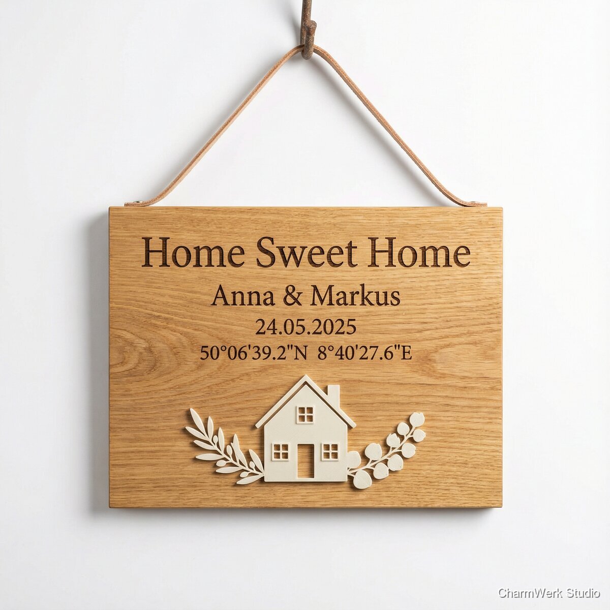 „Home Sweet Home“-Türschild mit Koordinaten & 3D-Relief