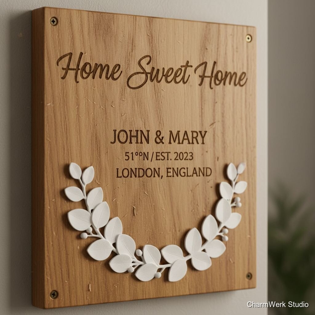 „Home Sweet Home“-Türschild mit Koordinaten & 3D-Relief - Detailansicht