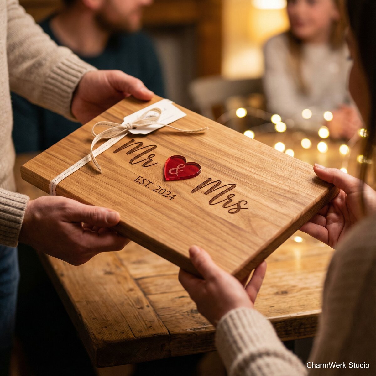 CNC-Servierbrett „Mr & Mrs“ mit Acryl-Einlegearbeit - Lifestyle