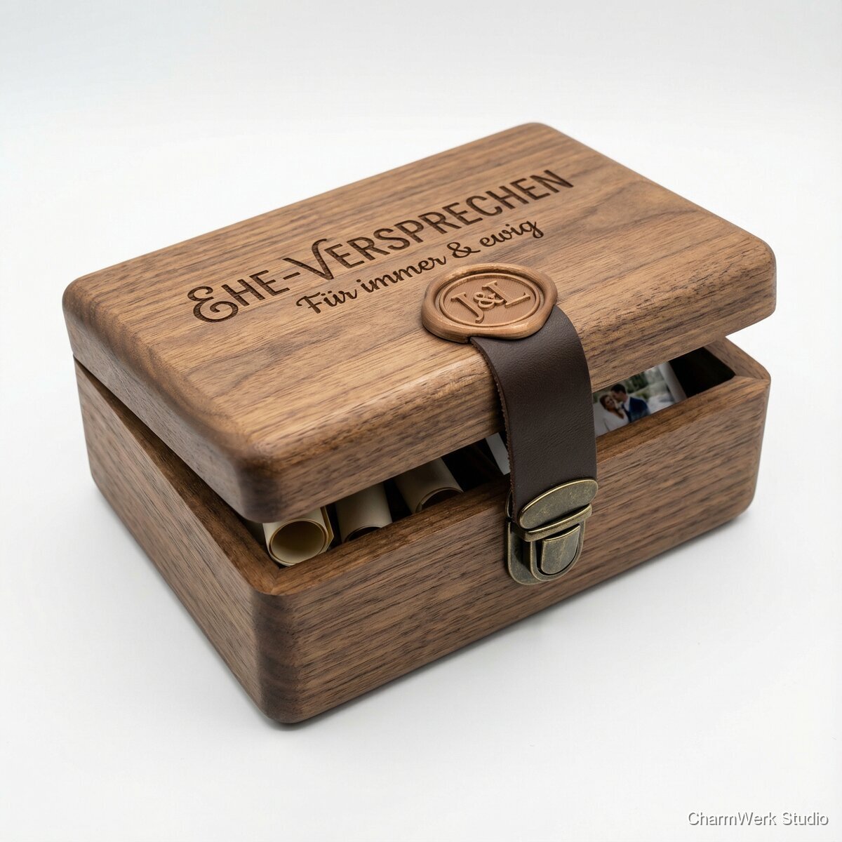 „Ehe-Versprechen“-Kapsel: Box mit 3D-Siegel & Lederband - Seitenansicht