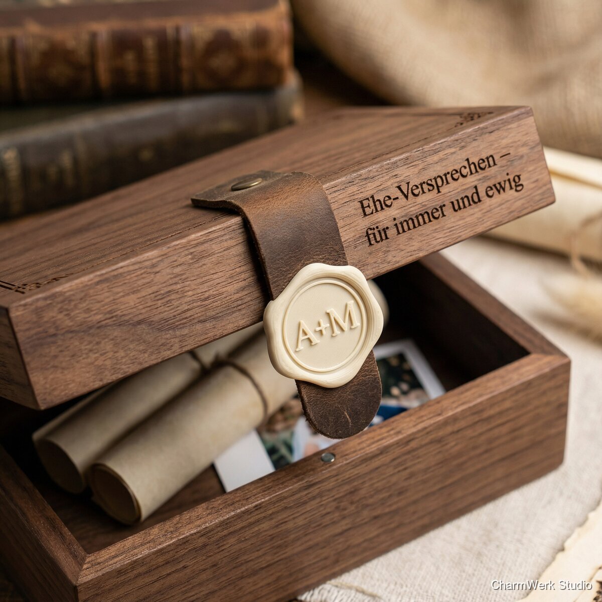 „Ehe-Versprechen“-Kapsel: Box mit 3D-Siegel & Lederband - Detailansicht