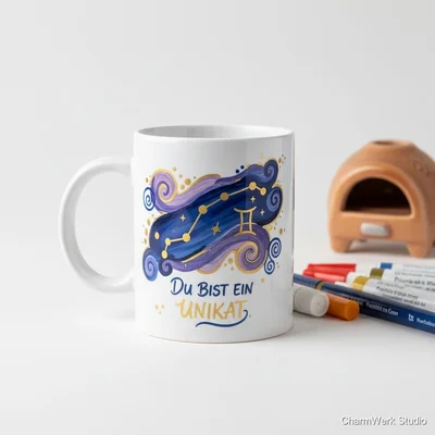 Personalisierte Tasse mit handgemalter Sternzeichen-Illustration