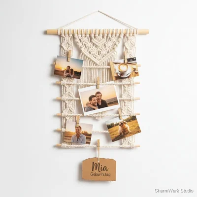 Handgeknüpftes Makramee-Foto-Display mit Namenstagschild