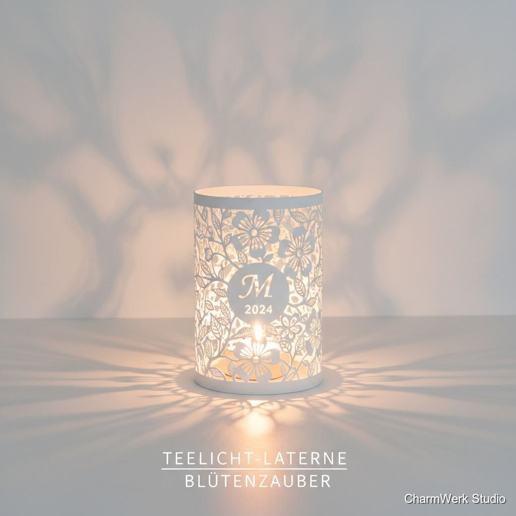 Teelicht-Laterne mit floralen Schattenmustern