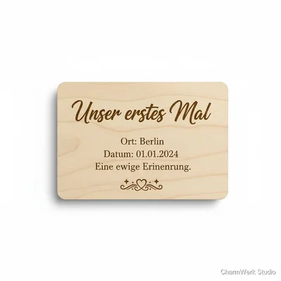 Lasergravierte „Unser erstes Mal“-Erinnerungskarte