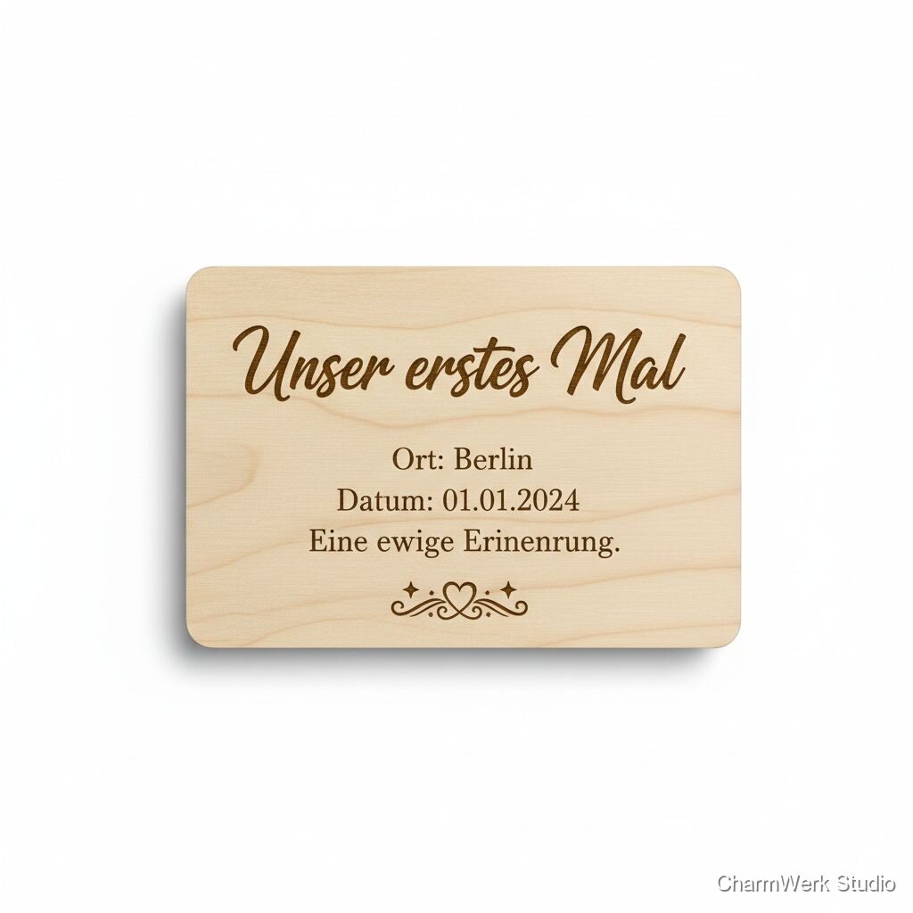 Lasergravierte „Unser erstes Mal“-Erinnerungskarte