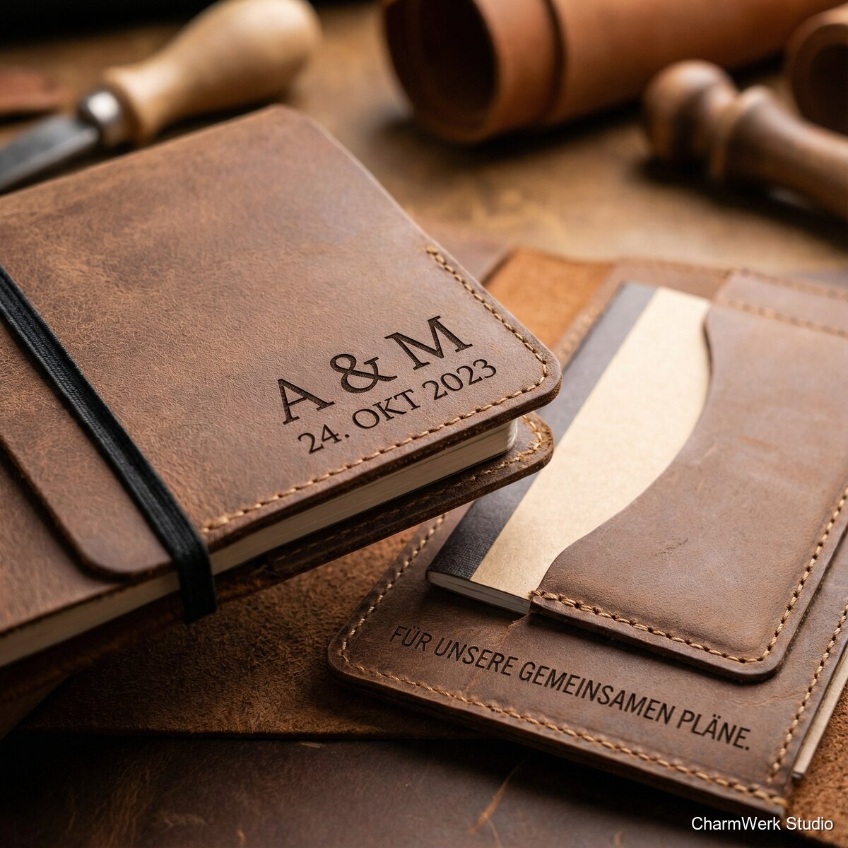 Leder-Notizbuchhülle mit Initialen und Datum - Detailansicht