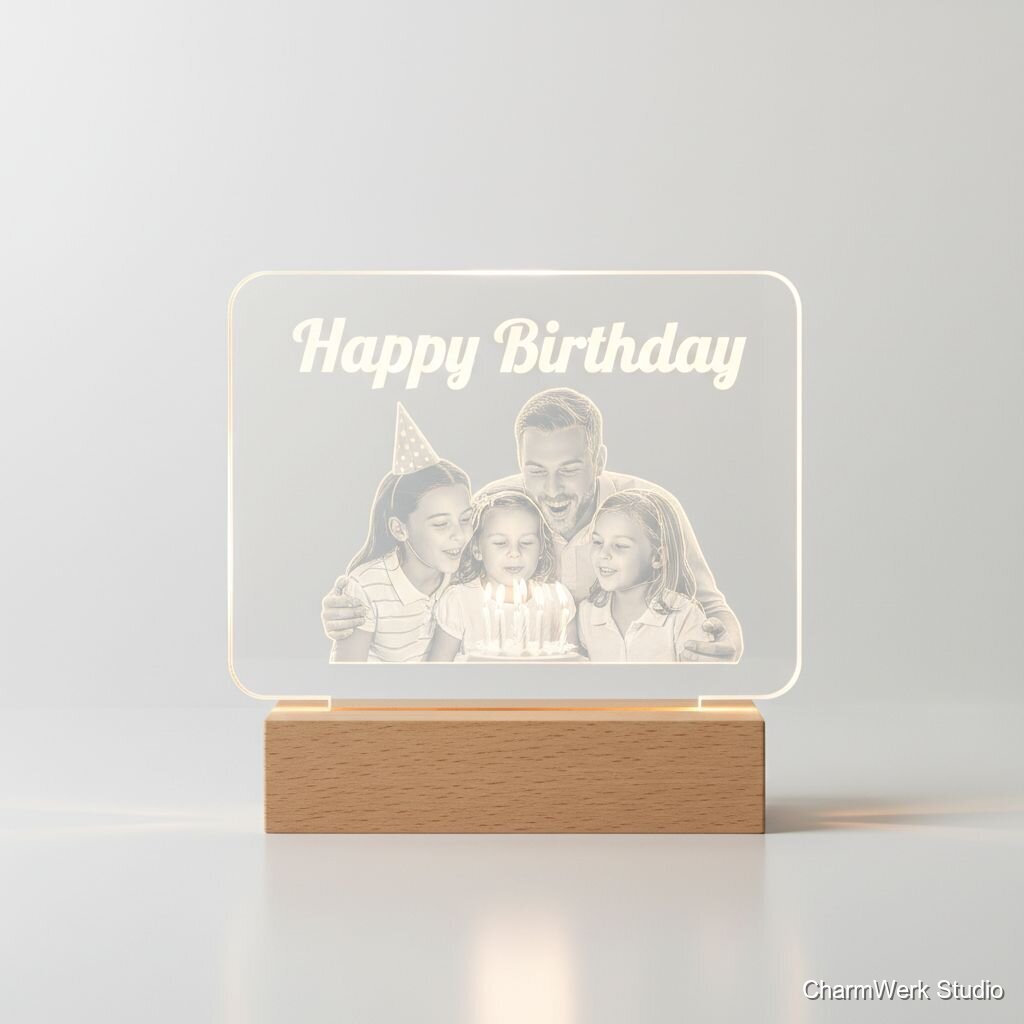 Acryl-Lichtschild „Happy Birthday“ mit Fotogravur