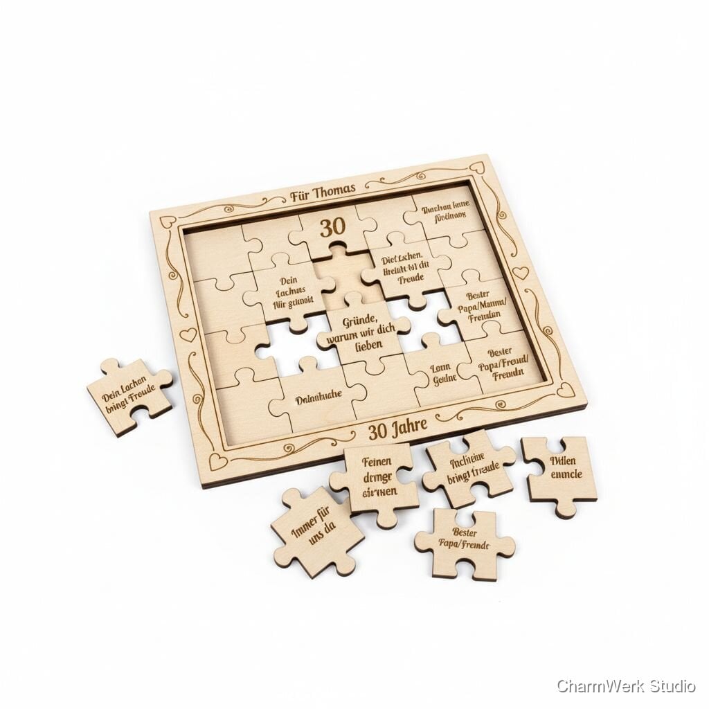 Graviertes Holz-Puzzle „30 Gründe, warum wir dich lieben“