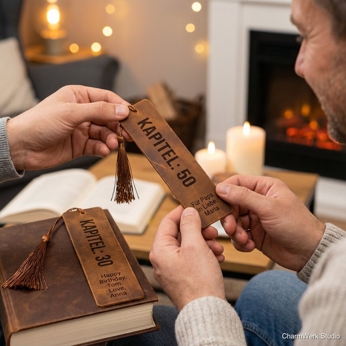 Gravierte Leder-Lesezeichen „Kapitel: Neues Lebensjahr“ - Lifestyle