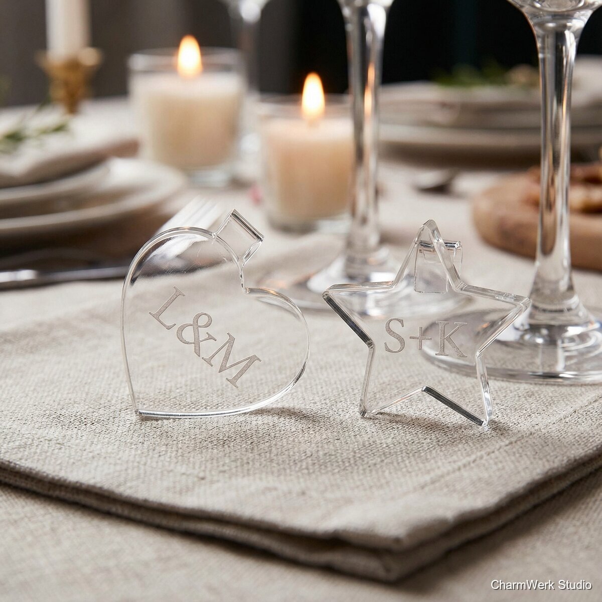 Acryl-Glasmarkierer als Pärchen-Symbole - Detailansicht