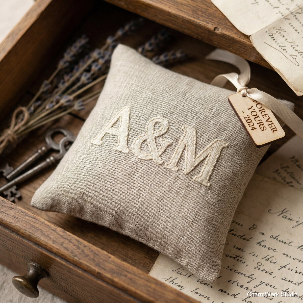 Ringkissen aus Leinen mit handgenähter Monogramm-Applikation - Detailansicht