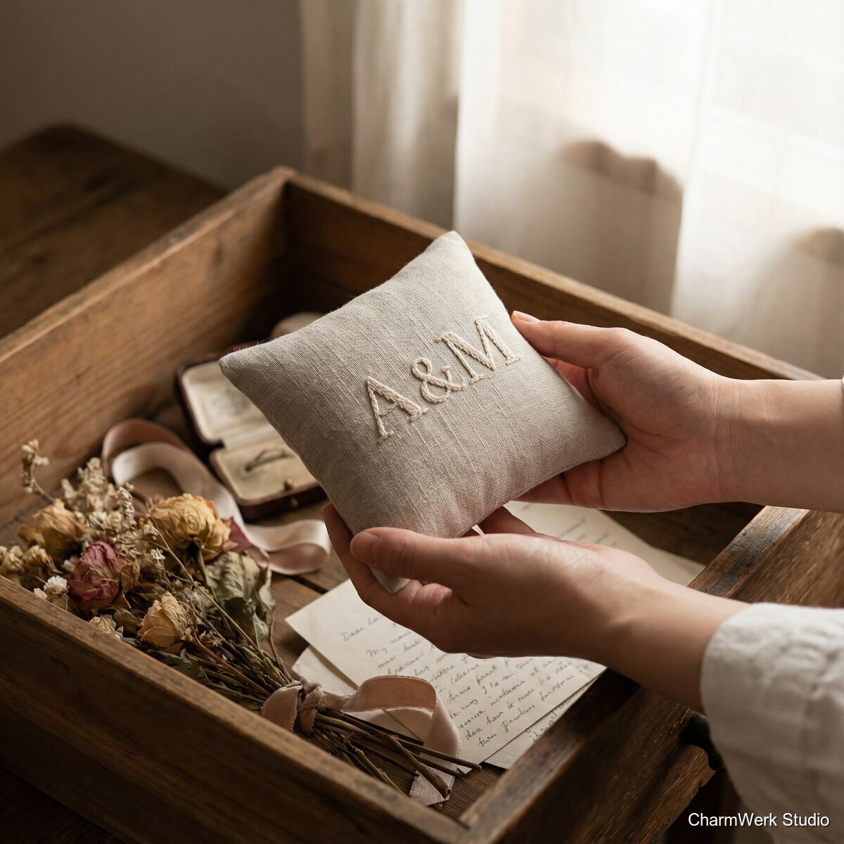 Ringkissen aus Leinen mit handgenähter Monogramm-Applikation - Lifestyle