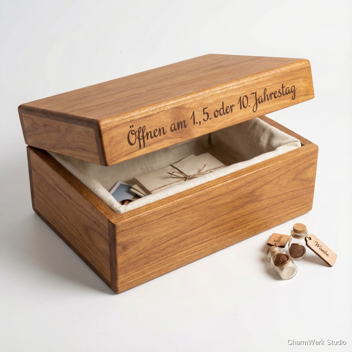 Personalisierte Hochzeits-„Zeitkapsel“ im Holzbox-Design - Seitenansicht