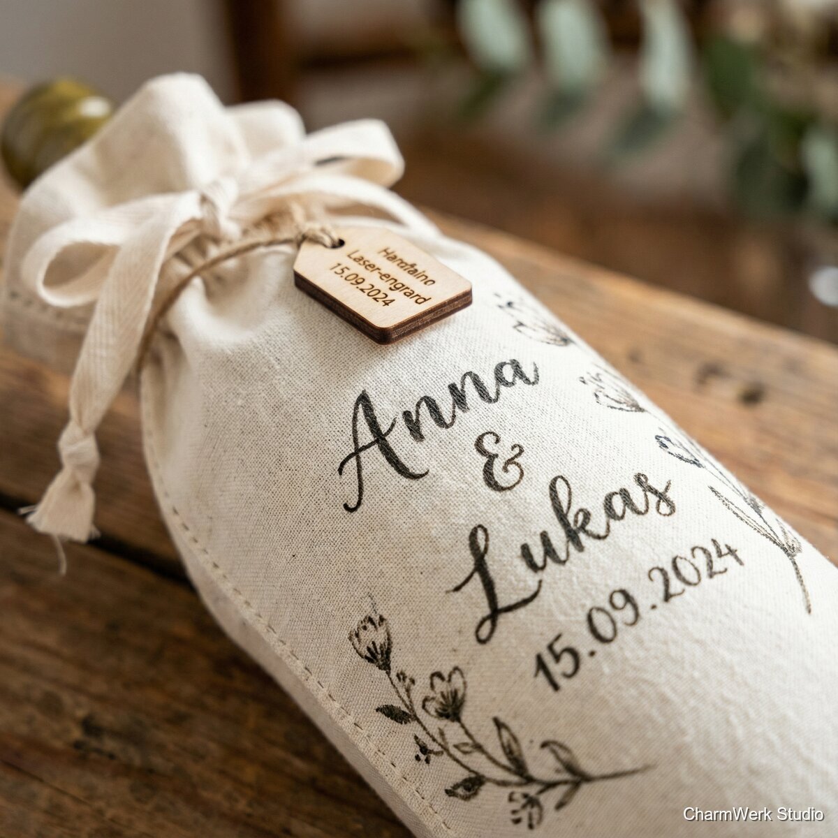 Handgemalte Weinflaschen-Hülle aus Stoff mit Namen - Detailansicht