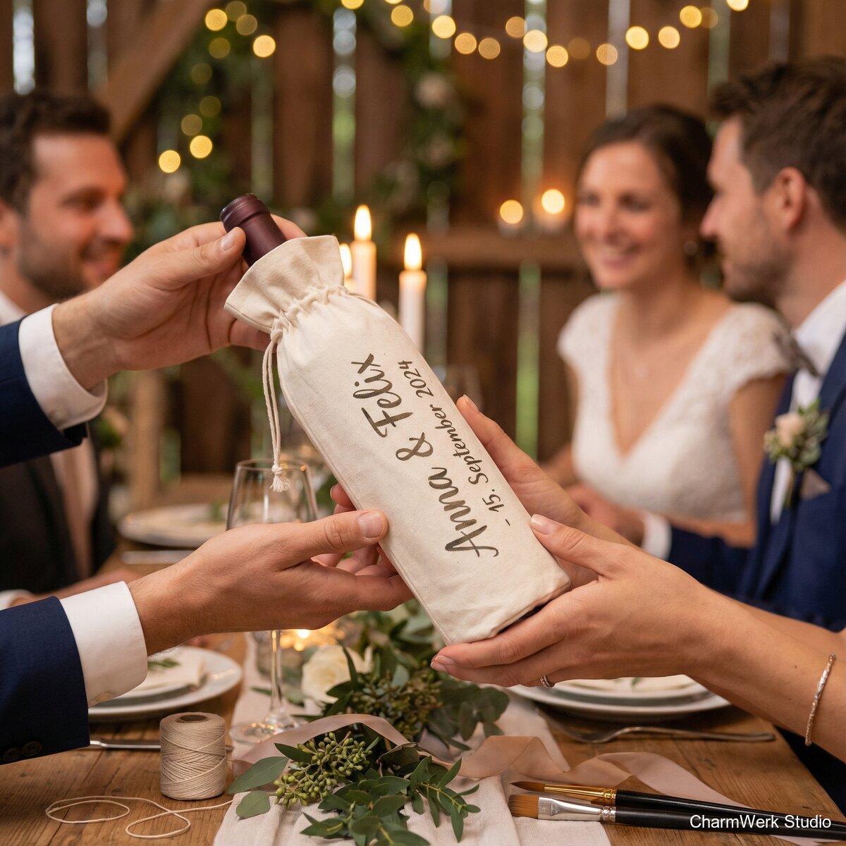 Handgemalte Weinflaschen-Hülle aus Stoff mit Namen - Lifestyle