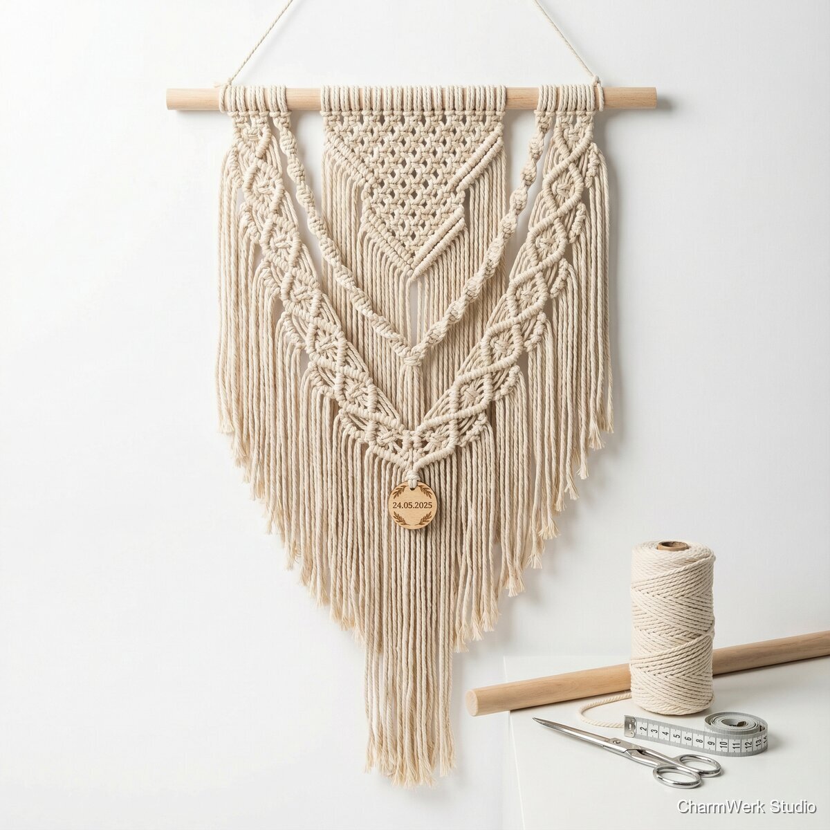 Makramee-Wandbehang mit eingeknüpftem Hochzeitsdatum