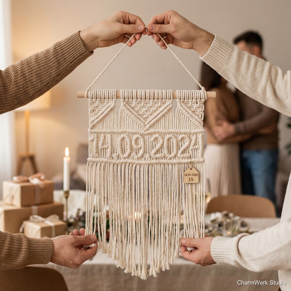 Makramee-Wandbehang mit eingeknüpftem Hochzeitsdatum - Lifestyle