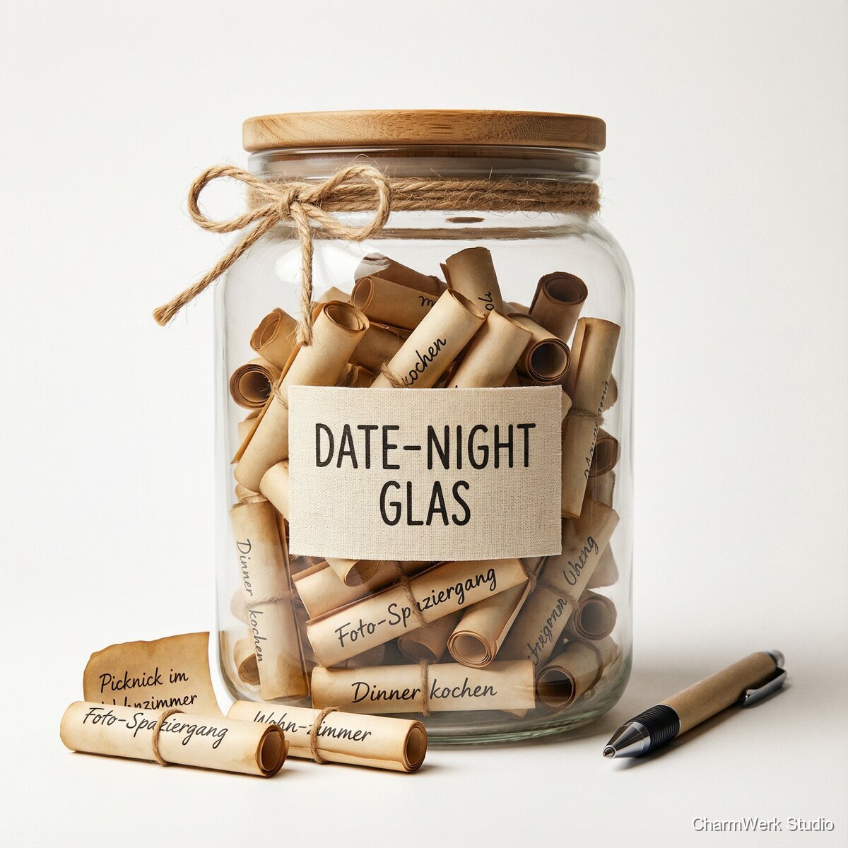 „Date-Night“-Glas mit handgeschriebenen Ideenrollen - Seitenansicht