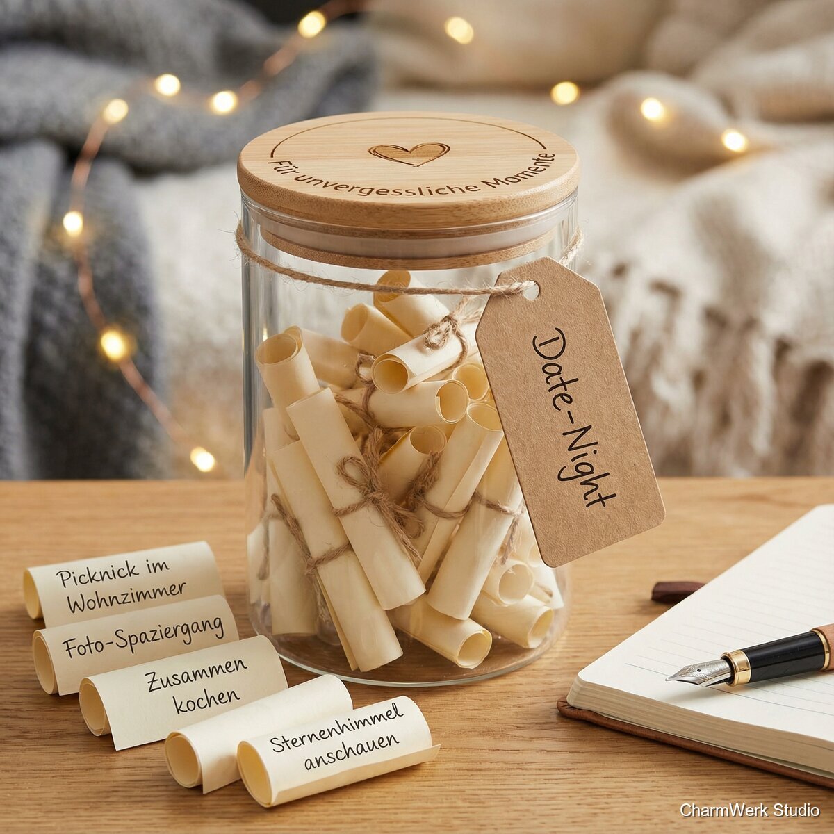 „Date-Night“-Glas mit handgeschriebenen Ideenrollen - Detailansicht