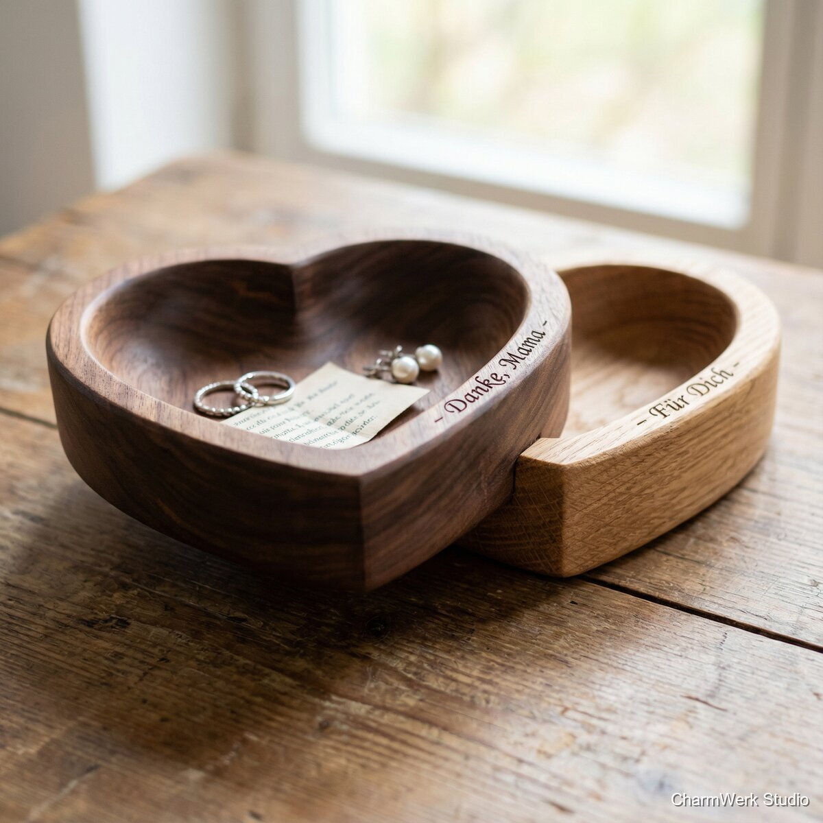 CNC-gefräste Herz-Schale für Schmuck & Erinnerungen - Detailansicht