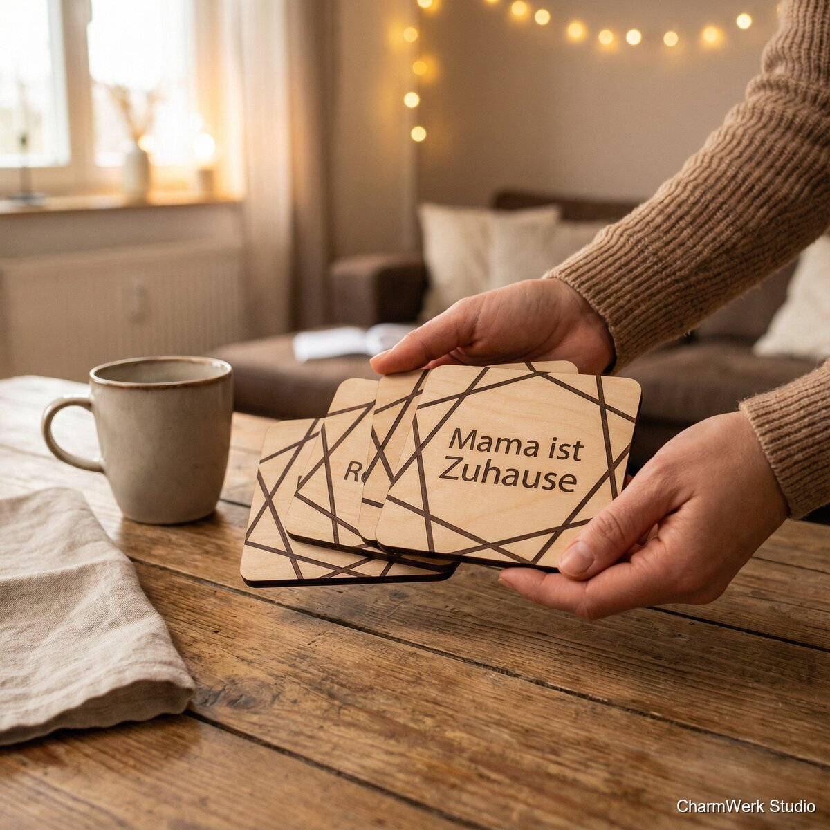 Topf-Untersetzer-Set „Mama ist Zuhause“ als Intarsien-Look - Lifestyle