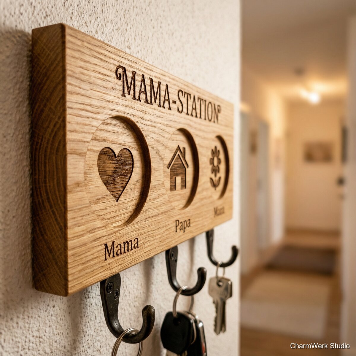 Schlüsselbrett „Mama-Station“ mit gefrästen Symbolhaken - Detailansicht