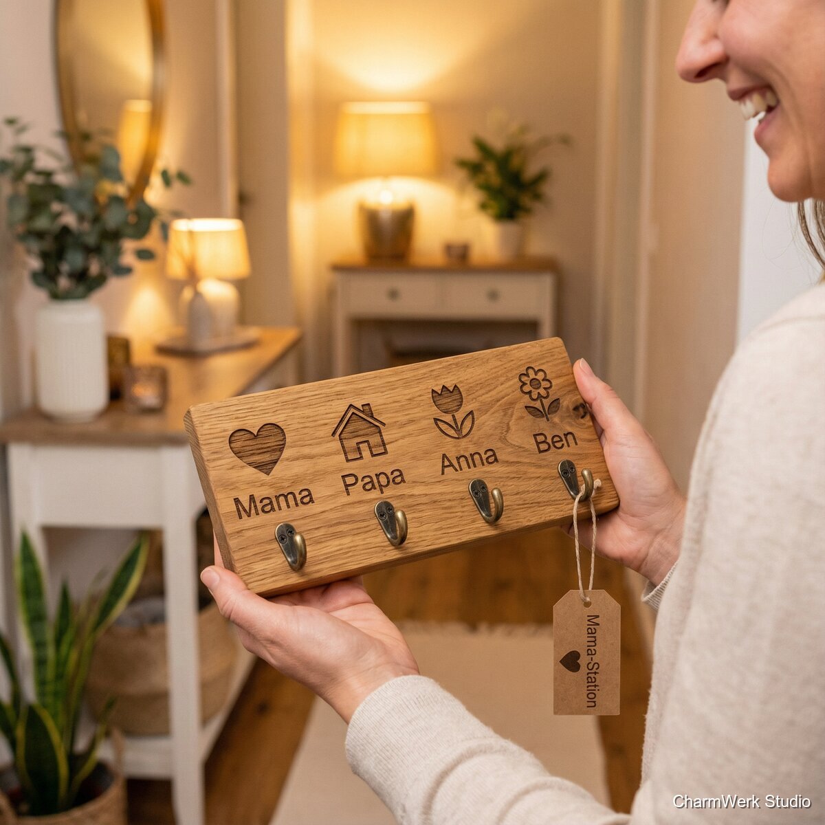 Schlüsselbrett „Mama-Station“ mit gefrästen Symbolhaken - Lifestyle