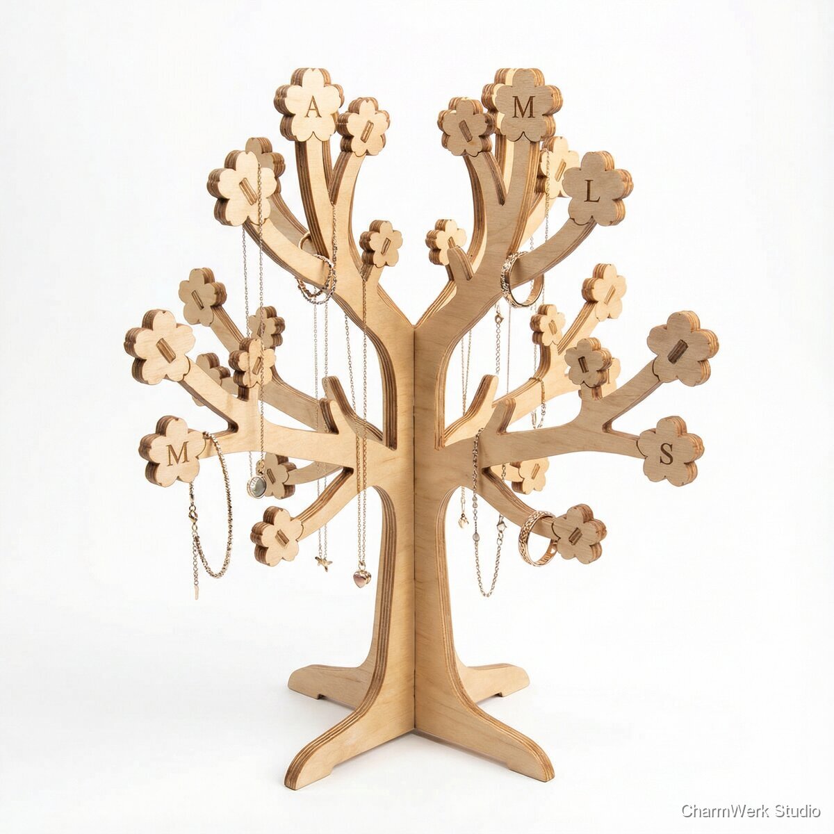 Schmuckständer „Blütenbaum“ als 3D-CNC-Stecksystem - Seitenansicht