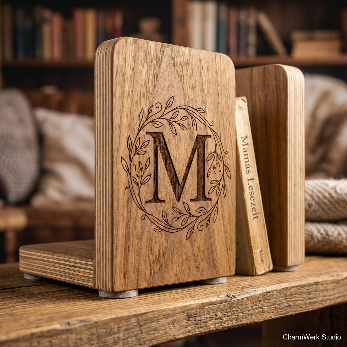 Buchstützen-Set „Mamas Lesezeit“ mit Monogramm - Detailansicht