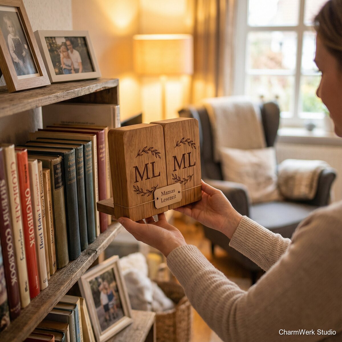 Buchstützen-Set „Mamas Lesezeit“ mit Monogramm - Lifestyle