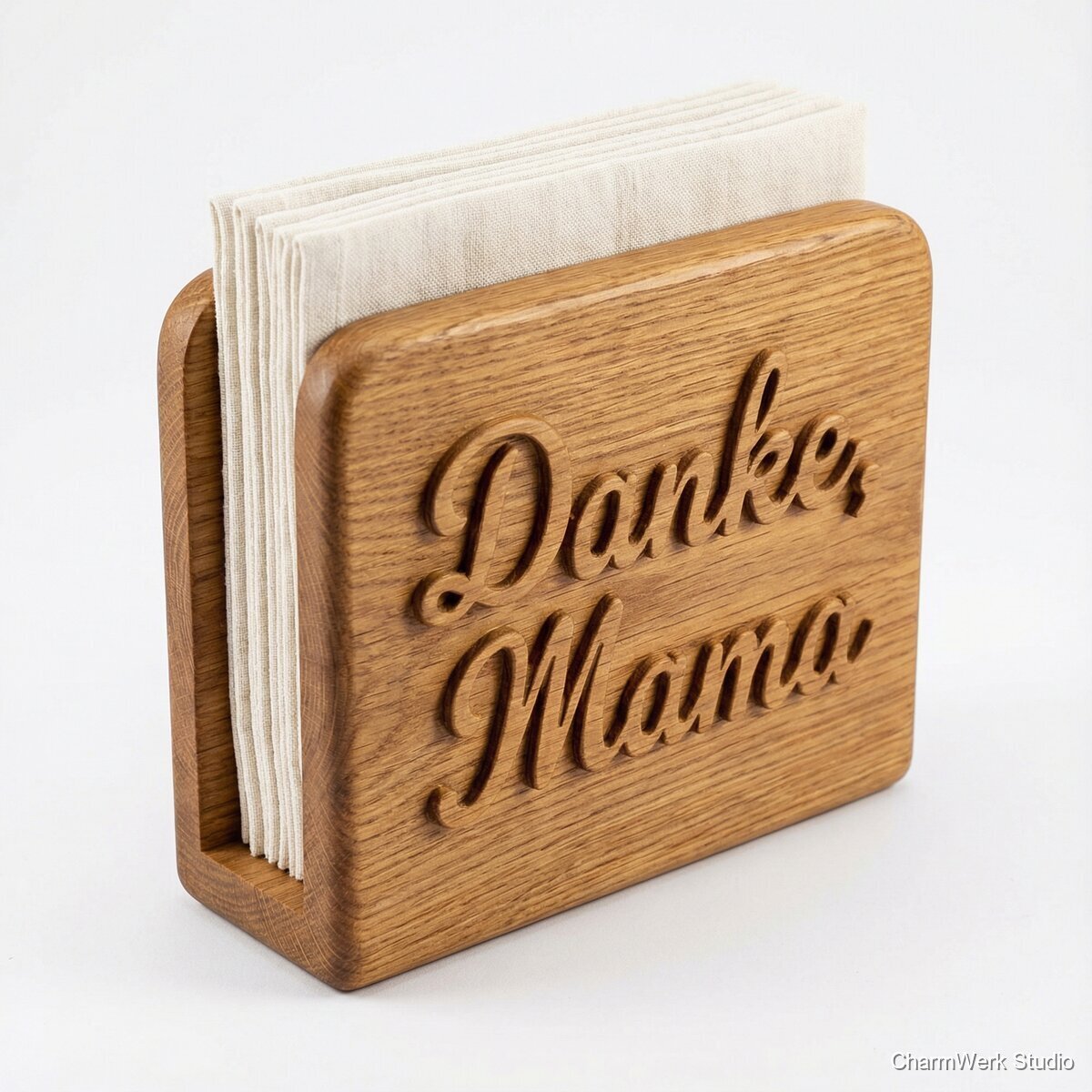Serviettenhalter „Danke, Mama“ mit Relief-Schriftzug - Seitenansicht