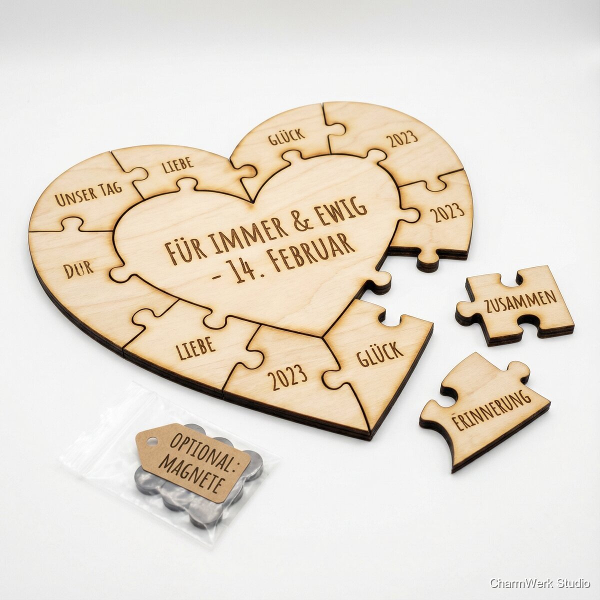 Herz-Puzzle aus Holz mit Botschaft - Seitenansicht