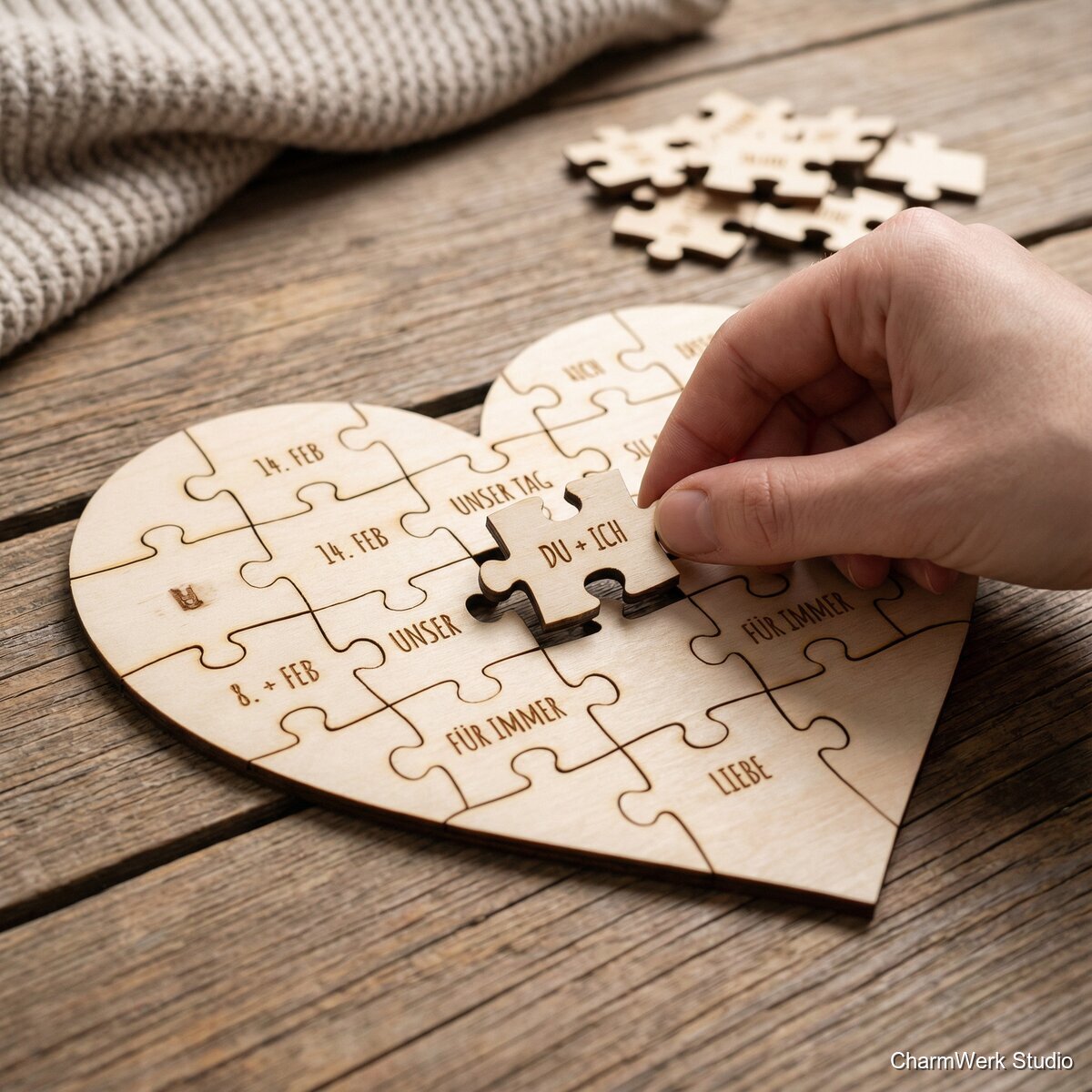 Herz-Puzzle aus Holz mit Botschaft - Detailansicht