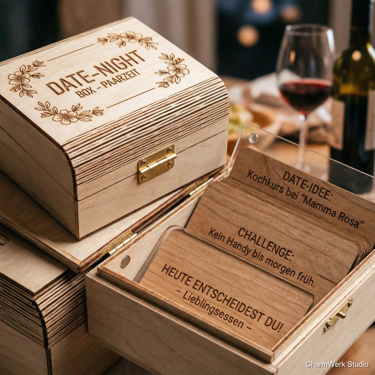 „Date-Night“-Box mit gravierten Aktivitätskarten - Detailansicht
