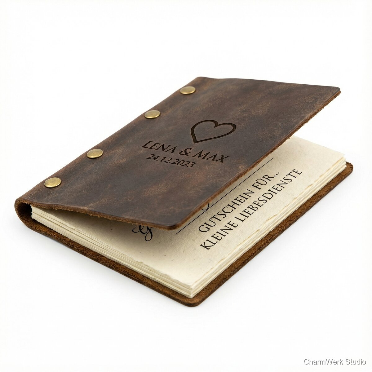 Handgemachtes Gutschein-Heft mit Lederumschlag - Seitenansicht