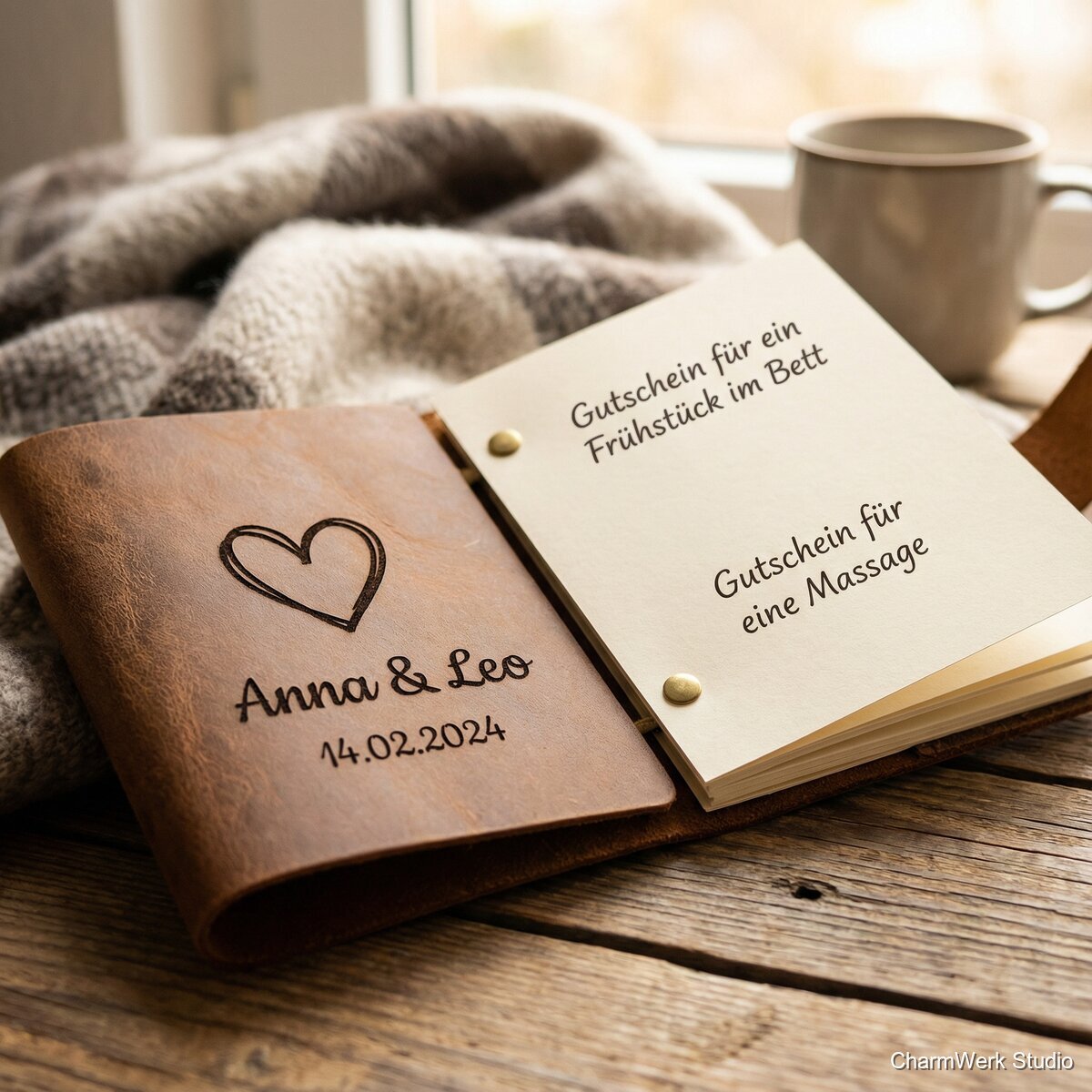 Handgemachtes Gutschein-Heft mit Lederumschlag - Detailansicht