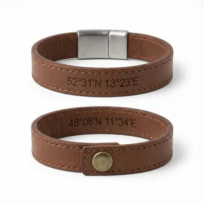 Paar-Armband aus Leder mit Koordinatenprägung