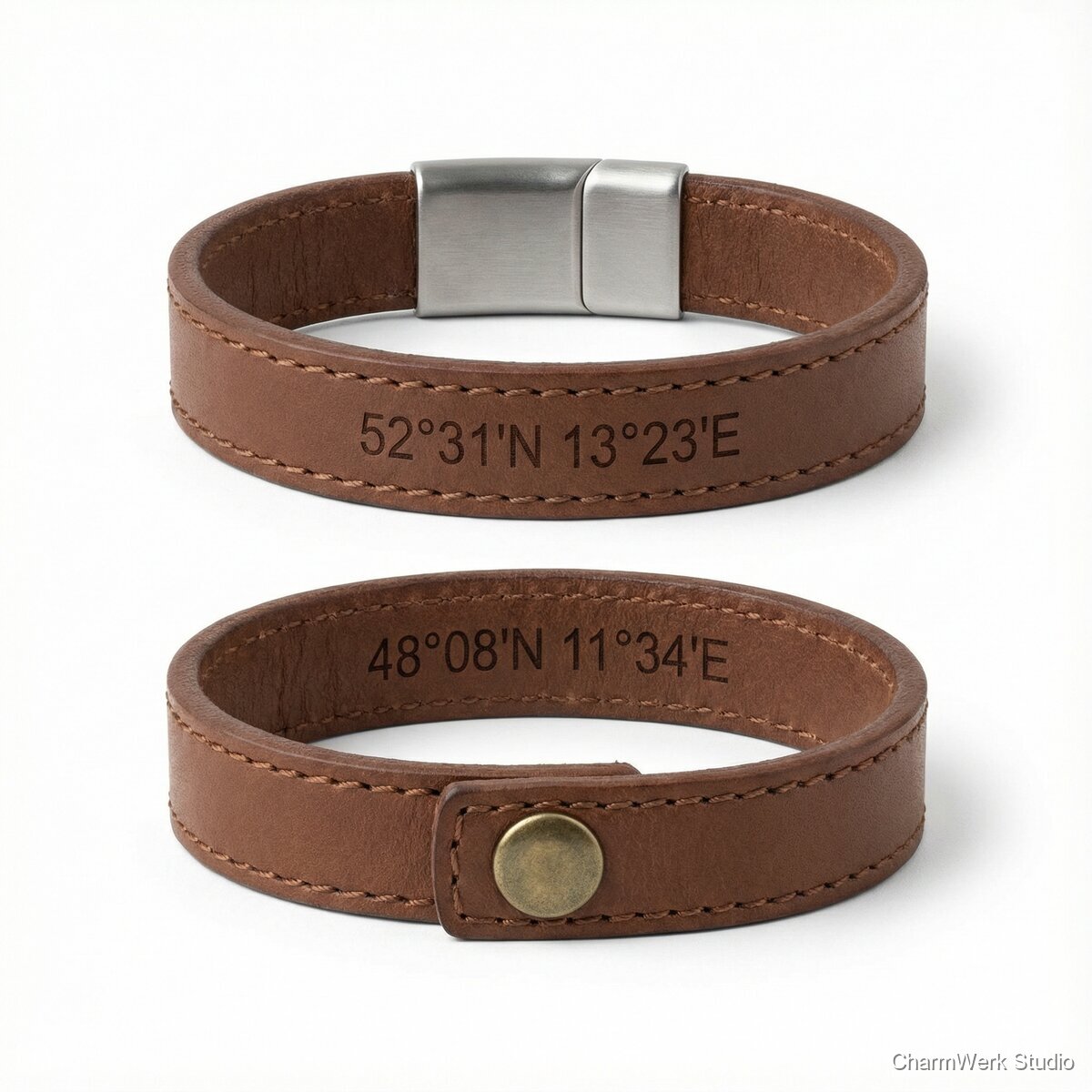 Paar-Armband aus Leder mit Koordinatenprägung
