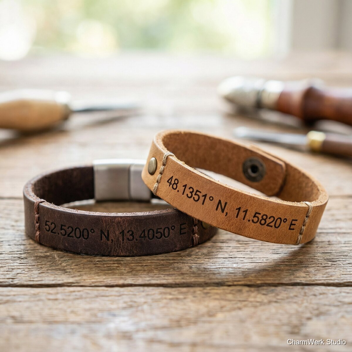 Paar-Armband aus Leder mit Koordinatenprägung - Detailansicht