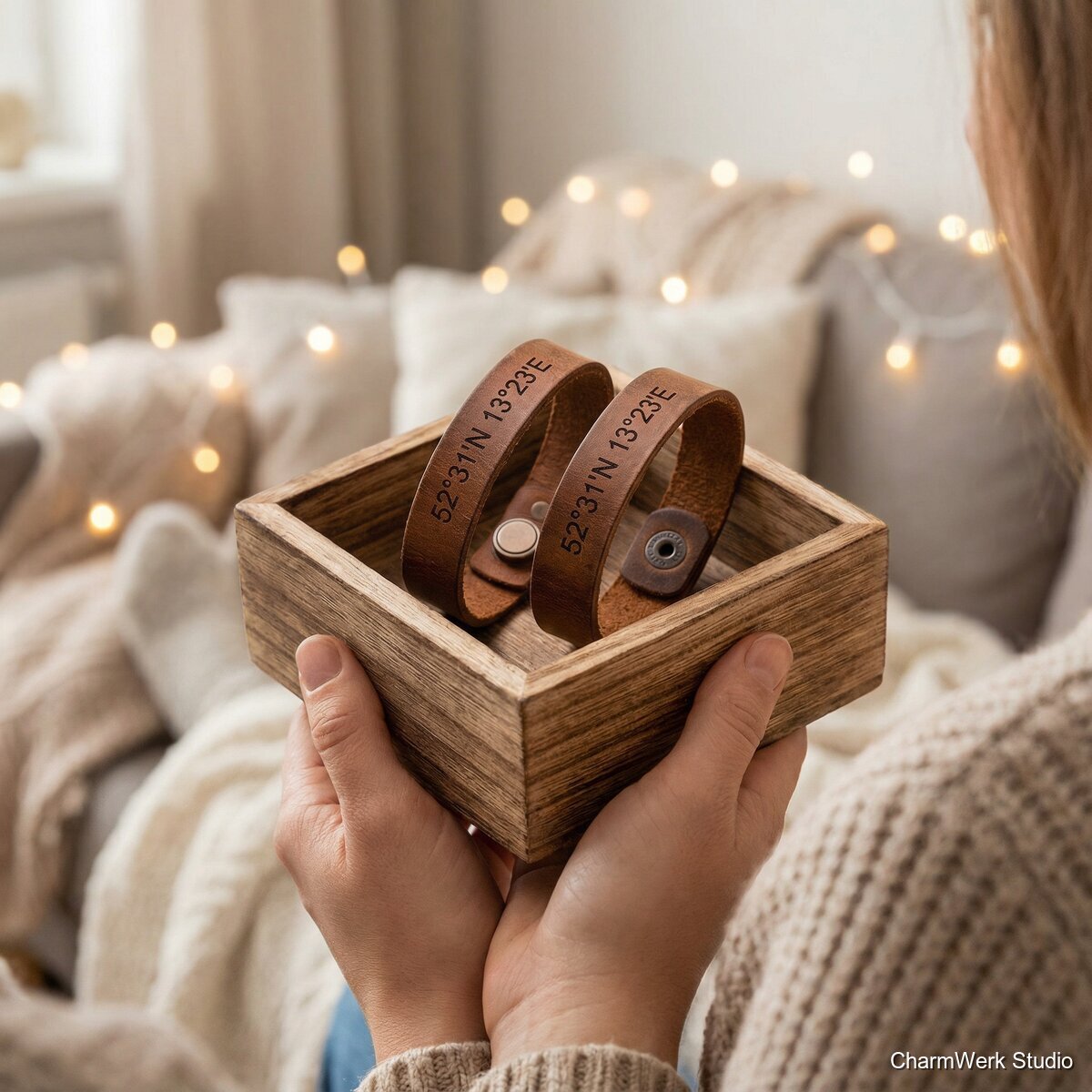 Paar-Armband aus Leder mit Koordinatenprägung - Lifestyle