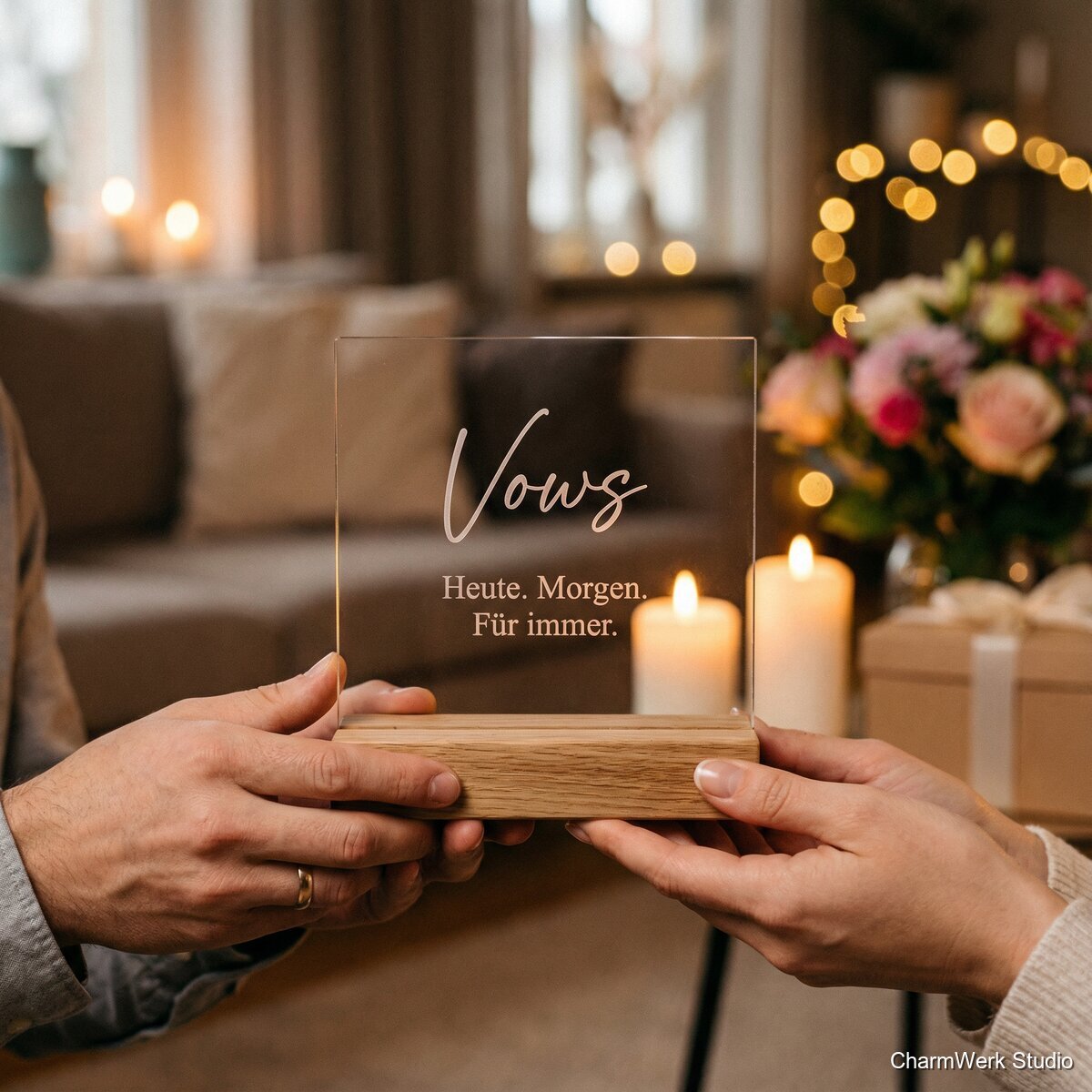 Acryl-Glaslook „Vows“ Aufsteller mit Gravur - Lifestyle