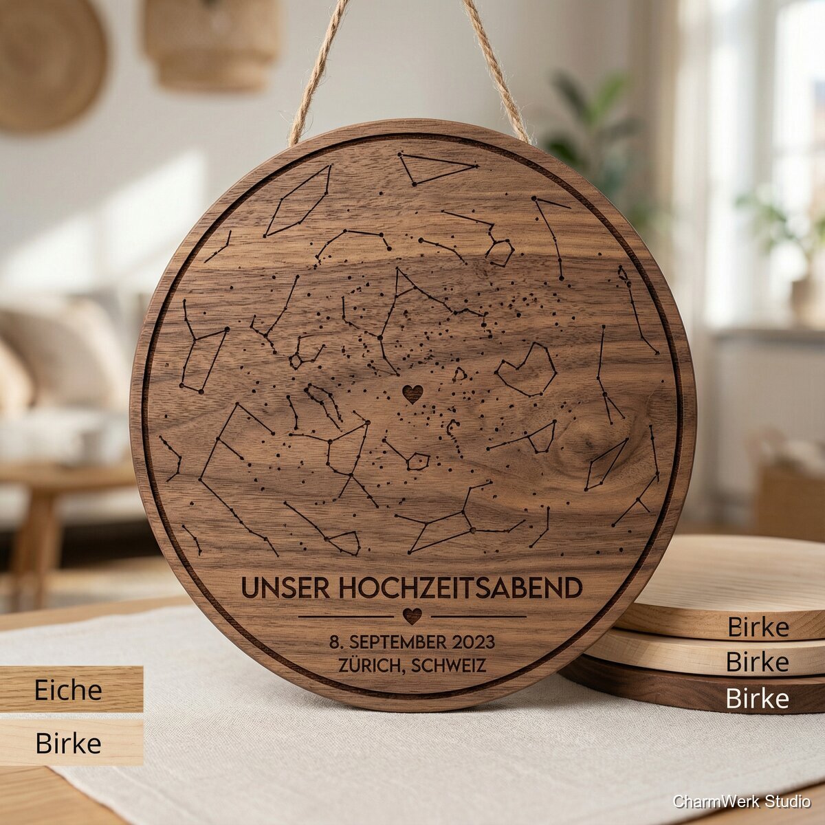 Topografische Sternenhimmel-Plakette vom Hochzeitsabend - Detailansicht