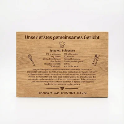 Graviertes Rezeptbrett „Unser erstes gemeinsames Gericht“